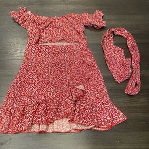 Red Floral Off-Shoulder Dress with Headband